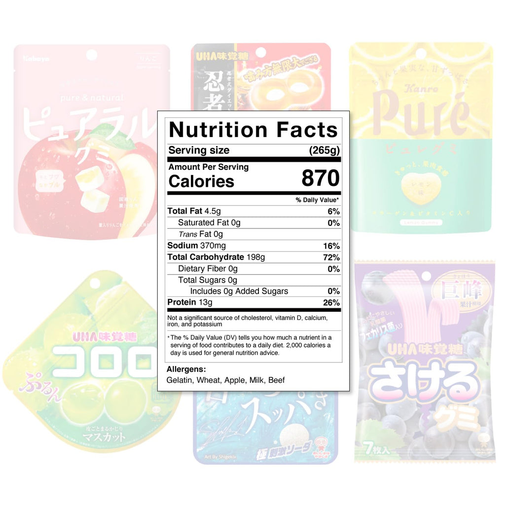 Japanese Gummy Candies 6pcs Set, 13oz, Various Chewiness, Soft, Hard, Fruity, Soda, Cola, Great for Snacks or Gifts