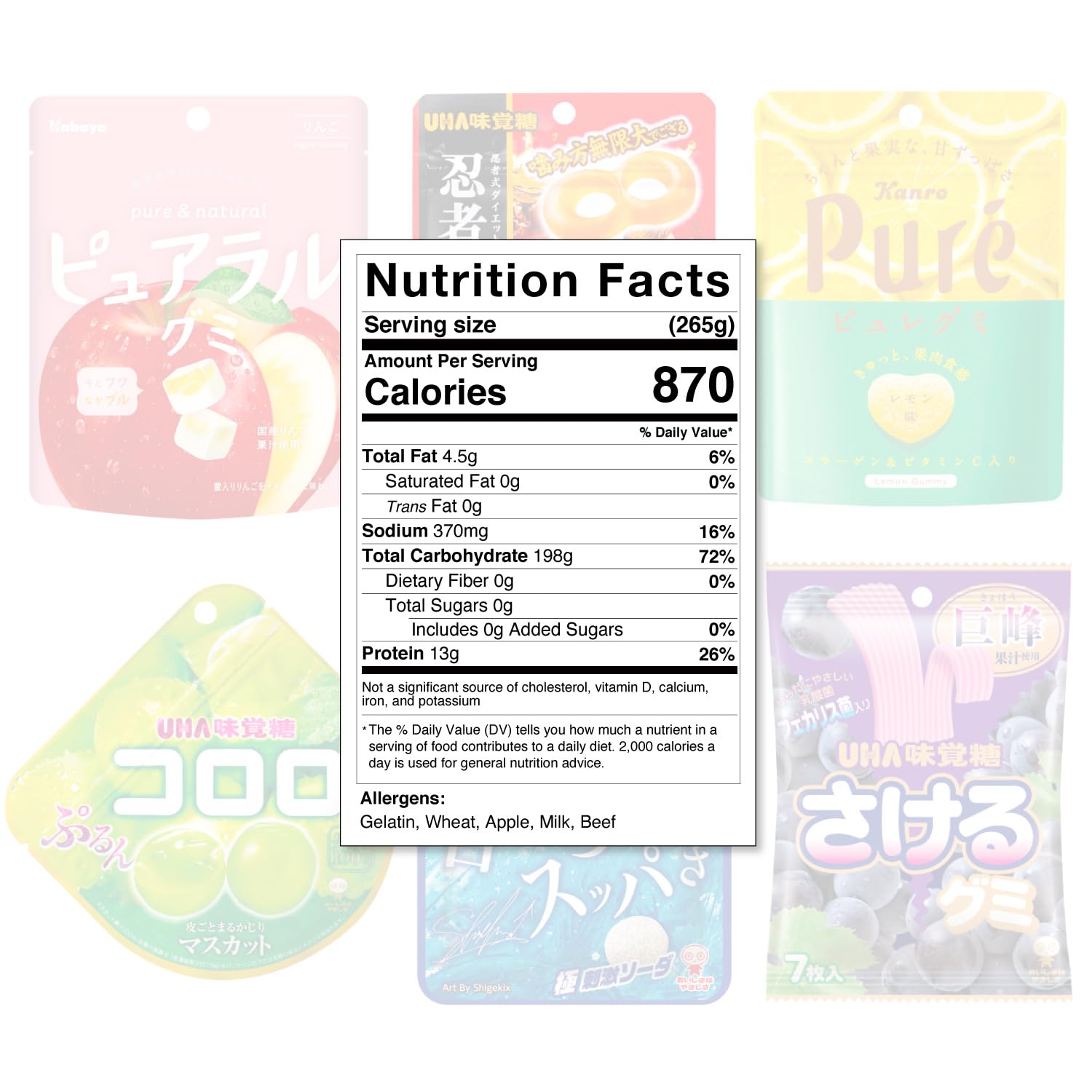 Japanese Gummy Candies 6pcs Set, 13oz, Various Chewiness, Soft, Hard, Fruity, Soda, Cola, Great for Snacks or Gifts