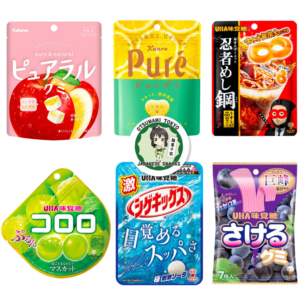 Japanese Gummy Candies 6pcs Set, 13oz, Various Chewiness, Soft, Hard, Fruity, Soda, Cola, Great for Snacks or Gifts