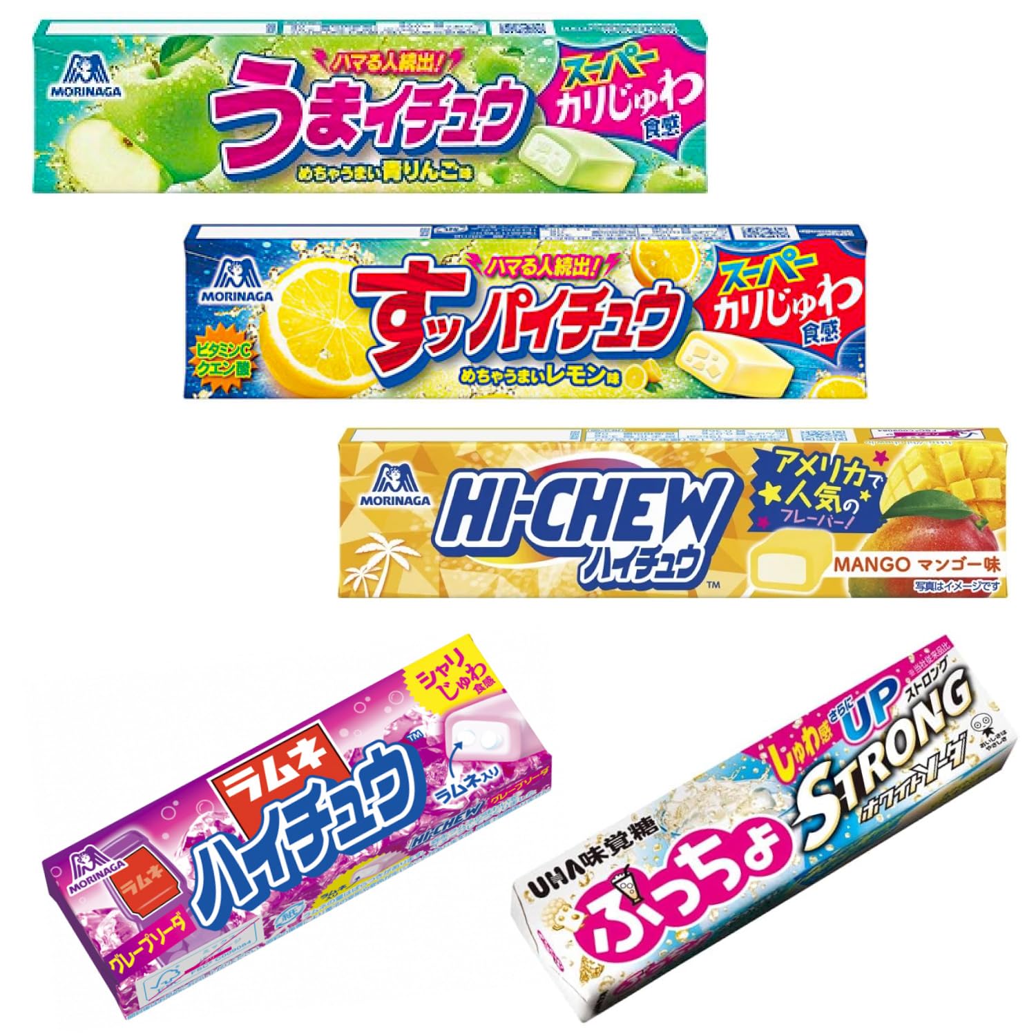 OTSUMAMI TOKYO Hi Chew and Puccho Puchao Candy Japan Limited Flavor 5pcs Pack, 9oz, Various Chewiness, Sour Lemon, Green Apple, Mango Fruits, Grape Soda, White Soda